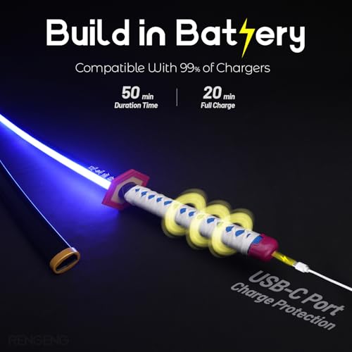 RENGENG Light Up Giyu Sword, 40 Inches Rechargeable Plastic Anime Replica with Belt & Stand, Original Texture Anime Sword