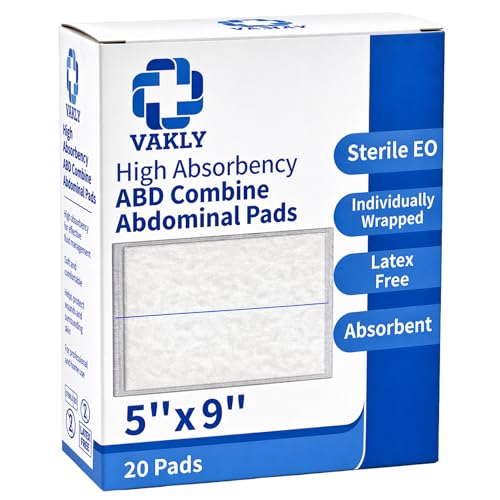 Vakly ABD Pads 5x9 Sterile (20 Pack) – Abdominal Combine Gauze Pads, High Absorbency Non-Adherent Wound Dressing for Heavy Drainage & First Aid, Individually Wrapped