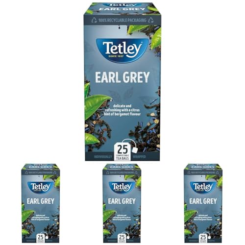 Tetley Earl Grey String & Tag Envelopes - 25 Individually Wrapped Teabags, Delicate Bergamot & Citrus Infusion, Premium Black Tea (Pack of 4)