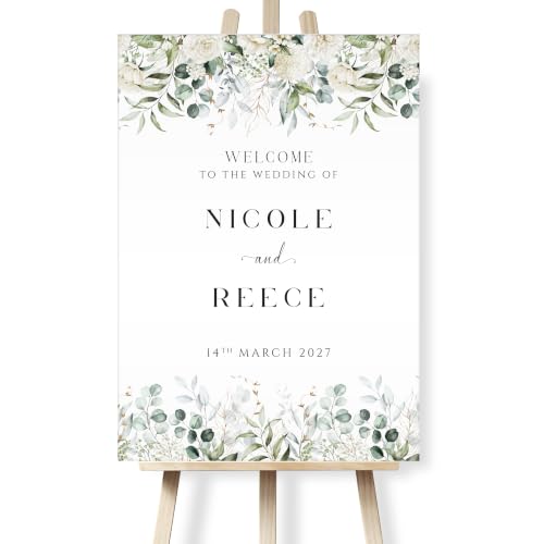 Image of Wedding Welcome Sign - Green Eucalyptus & White Flowers. Foam Board, Canvas or Poster. Sizes A1, A2, & A3. Green & White Floral Welcome Sign