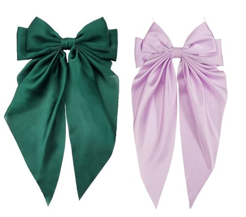 ZOONAI 2-Piece Satin Layered Bow Hair Clips in Green Purple