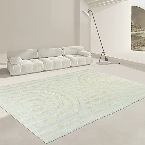 Boho Area Rug 5'X8' Tufted Cotton Rainbow Accent Rug Hand Woven Living Room Rug Farmhouse Tribal Floor Carpet For Entryway Bedroom Kitchen,Beige #TOP5