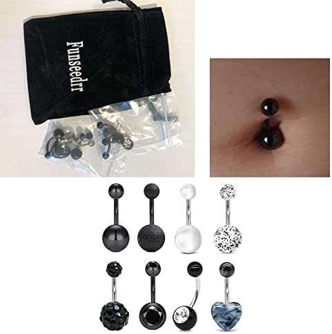 Funseedrr 8pcs 14 Gauge Black Belly Button Rings Set Barbells Stainless Steel Navel Belly Bars 10mm Heart Stone Body Piercing Jewellery