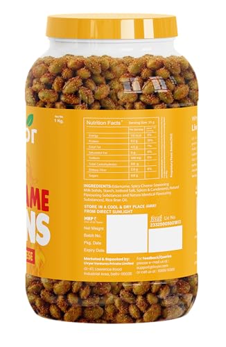 Image of Livyor Crunch Roasted Edamame Beans 1kg | Spicy Cheese Flavour | Roasted not fried | Plant based healthy snack | High Protein Snack | Gluten Free | Vegan | High In fibre | 500g*2