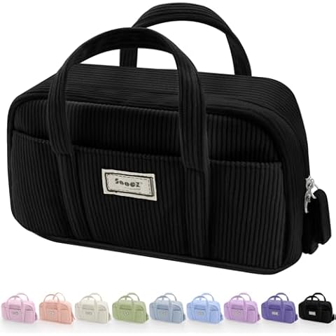 Sooez Large Pencil Case Pouch, Extra Big Pencil Bag with 5 Compartments, Pen Bag Wide Opening, Soft Corduroy Pencil Pouch Organizer with Zipper, Cute Aesthetic School Supplies for Teen Girls-Black Cover