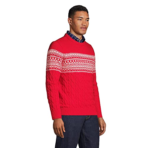 Lands' End Mens Lighthouse Fair Isle Cable Crewneck Sweater Red/Ivory Cable Ski Fairisle Regular Large #TOP2