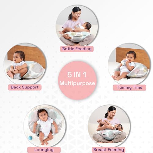Image of Wakefit Feeding Pillow for New Born Baby | 3 Months Warranty | 5 in 1 Nursing Pillow for Breastfeeding with Cotton Removable Cover | Moonsine, Multicolor