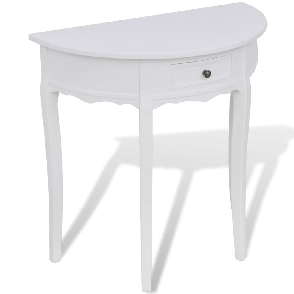 Tavolino consolle bianco con cassetto in MDF e legno di pino, semicircolare, 80 x 40 x 78 cm, tavolino salvaspazio per corridoio, soggiorno, camera da letto, con spazio per riporre oggetti