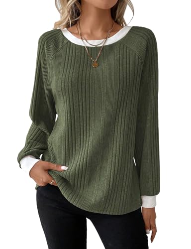 Akiooue Sweatshirts for Women UK,Fall Winter Long Sleeve T Shirts for Office Work Daily Wear Women's Crew Neck Jumpers Size 12-14 Army Green