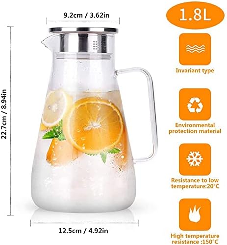 1800ml Carafe Glass, Uten Pitcher Jug Lead-Free Borosilicate Glass Kettle with Crystal Handle and Stainless Steel Lid Cover for Milk, Red Wine, Cold Water, Fruit Juice, Hot Coffee, Ice Drinks etc