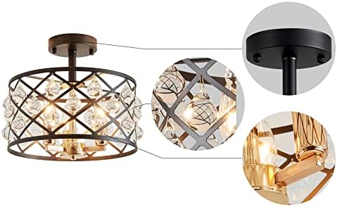 Saint Mossi Crystal Ceiling Light Fixture, Ceiling Chandeliers with E14 Base 3-Light,D30cm x H36cm, Matte Black & Shine Gold Finish