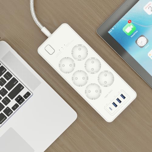 Amazon Basics Rechteckig Überspannungsschutzgerät, 6 Anschlüsse, 1 USB-C (20W), 3 USB-A (12W), 1050 J, 1,5 m geflochtenes Kabel, Weiß