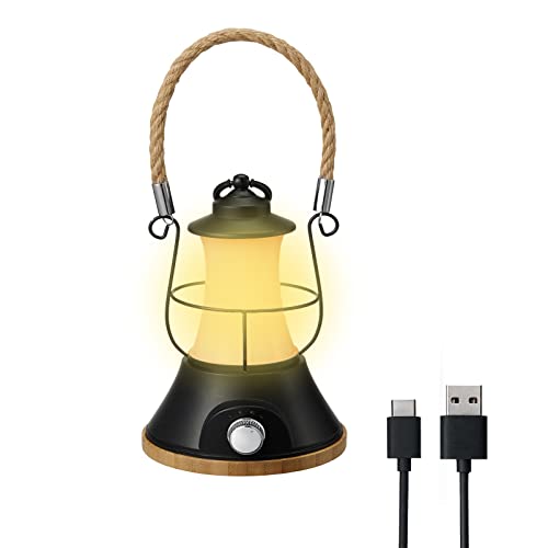 Lampe de camping rechargeable, lampe de camping extérieure vintage, 4 modes d'éclairage de secours lampe de camping, USB rechargeable portable, lampe avec corde de chanvre et base de bambou. (Noir) Cover
