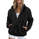 Generisch Chaqueta de forro polar para mujer, cuello alto, chaqueta de peluche, chaqueta de peluche, chaqueta de invierno, chaqueta de piel con pelo para mujer, Negro , M