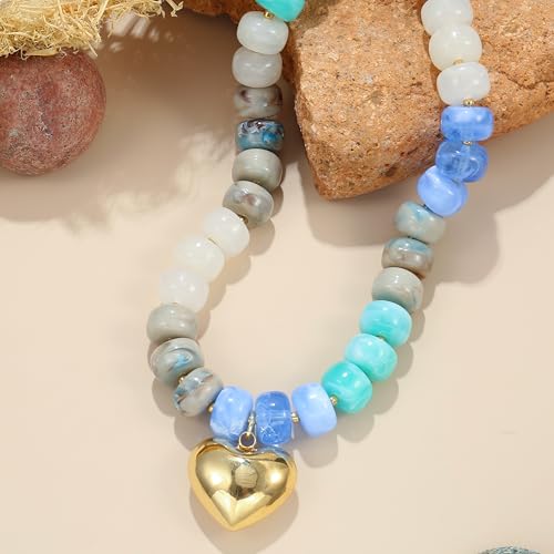 Wassazi Gray-blue Chunky Beaded Necklace for Women, Colorful Acrylic Bead Statement Puff Heart Pendant Necklace, Cute Boho Y2K Choker Necklace for Gift Jewelry by Wassazi - Used condition - Image 8