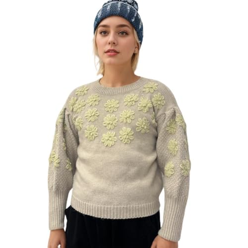 Image of Women's Loose Fitting Heavy Embroidery Three-Dimensional Flower Long Sleeved Knitted Pullover Sweater top
