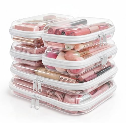 Kinimore 6 Pack Clear Hard Shell Zipper Case, Clear Zipper Pouches for Organizing, Diaper Bag Organizer Pouches, Plastic Cosmetic & Travel Toiletry Pouch Set (2M+4S)