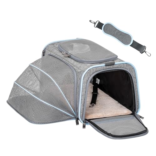 Petsfit Expandable Pet Carrier Airline Approved, Soft-Sided Portable Cat Carrier Dog Carrier, with Removable Plush Mat, Locking Safety Zippers and Pockets