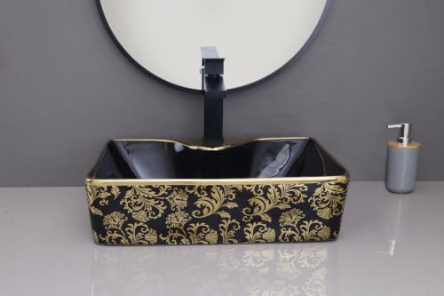 Image of HARDSTONE Black & Gold Ceramic Wash Basin 19x15x5 Inches