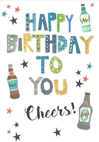 Open Male Birthday Card - Beer Bottles Blue Green Writing Silver Foil 7.75x5.25"