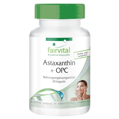 fairvital Astaxanthin + OPC, 90 Kapseln, mit OPC, Astaxanthin, Acerola mit Vitamin C, Nicotinamid (Vitamin B3) und Vitamin E, qualitätsgeprüft und hochdosiert, 100% vegan, Made in Germany