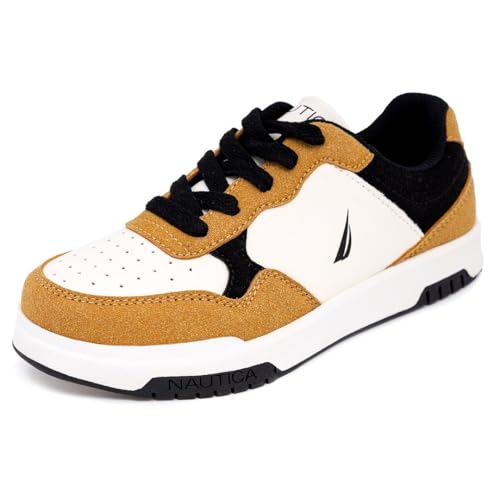 Nautica Kids Boys Casual Low-Top Lace-Up Court Shoes, Fashion Sneakers - Trainers for Skate, Tennis, Walking, and Workouts-Big Kid-Little Kid-Gabe-Honey Black White-Size 1
