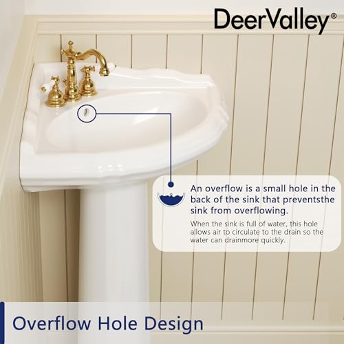DeerValley Triangular Corner Pedestal Bathroom Sink in White, with Overflow and Pre-Drilled 4" Centerset Faucet Holes DV-1P528