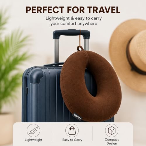 Image of Restify Premium Memory Foam Travel Neck Pillow | Soft Velvet U Shape Neck Support Cushion for Flight, Airplane, Car & Office Travel | Portable Pillow for Men & Women | Brown
