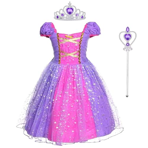 M MUNCASO Rapunzel - Vestido de princesa con corona y varita mágica, disfraz de niña para cosplay, vestido de flores hinchado para verano, desfiles, fiestas, disfraces, Halloween (2-3 años)