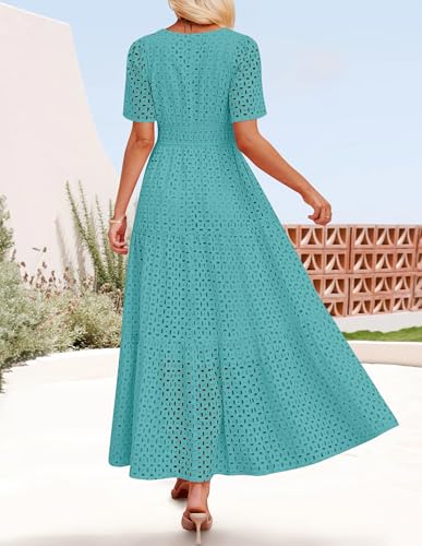 Image of ZESICA Women's 2026 Summer Short Sleeve Maxi Dress Casual V Neck Hollow Out Eyelet Ruffle Swing A Line Long Dresses