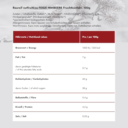 Raureif Bio Energy Balls (Feige Himbeere) - 100g | Vegan | Nur 5 Zutaten: Datteln, Feigen, Haselnüsse, Pflaumen & Himbeergranulat | 100% Natürlich | Ballaststoffreich | Ohne Zusatzstoffe