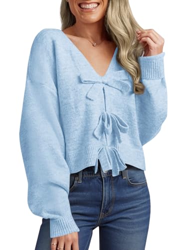 Image of Saodimallsu Womens Bow Sweater Cropped V Neck Long Sleeve Pullover Tops