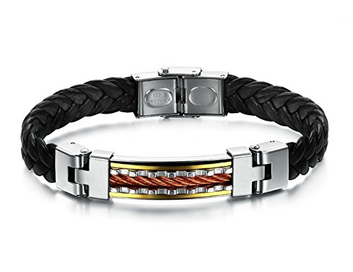 Pulsera de piel para hombre 316L de acero inoxidable 19 cm alambre de plata/negro/Oro rosa PH817
