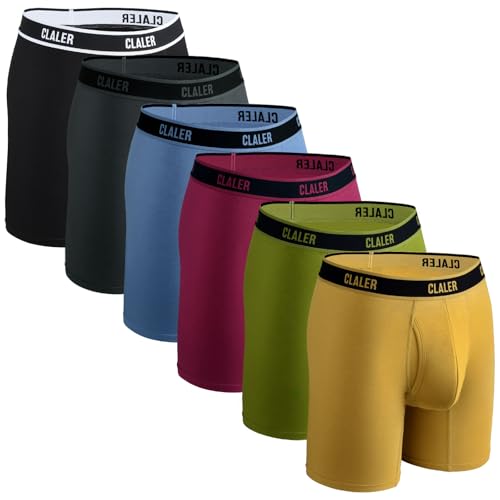 CLALER Bambus Boxershorts Herren Antimikrobiell Unterhosen Männer mit Eingriff Retroshorts Boxer Unterwäsche Stretch Bequem 6er Pack(Schwarz+Dunkelgrau+Dunkelblau+Dunkelrot+Militärgrün+Ingwergelb,L