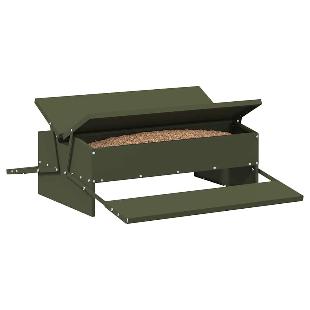 Comedero gallinas metal verde oliva 75 x 53 x 20,5 cm, alimentador gallinas con pedal de acero resistente, diseño funcional para jardín o terraza, montaje fácil con destornillador,