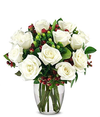 From You Flowers - One Dozen White Christmas Roses with Glass Vase | Fresh Flower Bouquets for Birthday, Anniversary, Get Well or Celebration