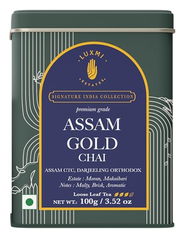 Luxmi Estates Assam Gold Chai | 100 gm | Signature India Collection | CTC Tea | Black tea collection | Organic Strong tea | Antioxidants | Assam Valley tea | Cardamom, Saffron, Cinnamon, Natural Cardamom Extract