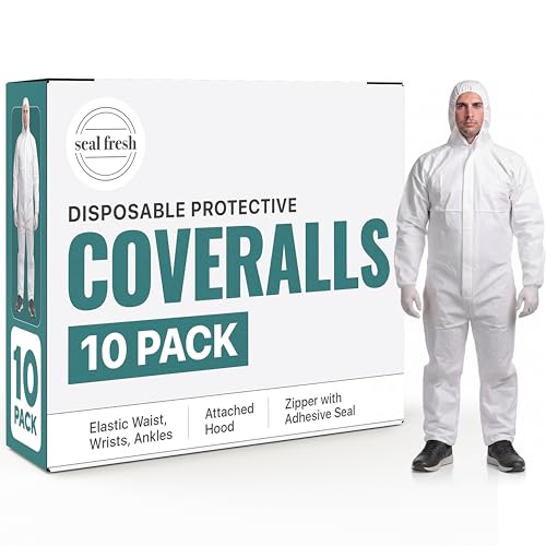 Seal Fresh Hazmat Suit Large (L) 10 Count Disposable Protective Coverall with Hood Full Body Breathable Waterproof Safety for Painting Cleaning DIY