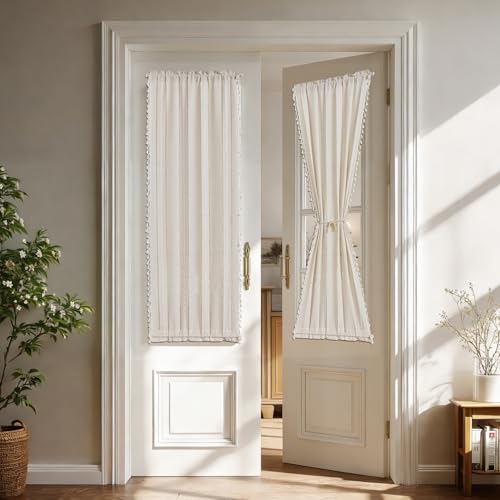 Sutuo Home Ivory Door Curtains for Front Door Glass & Sidelights, Farmhouse Boho French Country Style Light Filtering Tassels Vintage Privacy Drapes for Kitchen Patio, Rod Pocket 1 Panel 25" W x 72" L