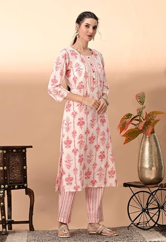 Image of Amazon Brand - Tavasya Women Cotton Anarkali Kurta Pant Dupatta Set | Printed Ethnic Suit Set | Flared Anarkali Kurta with Pant & Dupatta | Festive & Casual Wear