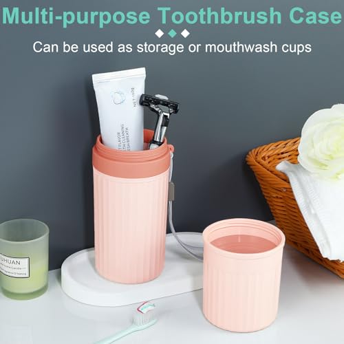 Image of Mulbozy Travel Toothbrush Holder, Large Travel Toothbrush Cup Case, Portable Travel Toothbrush Toothpaste Makeup Storage for Business Trip Camping School - Pink