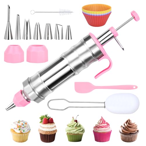 FACIACC Dessert Decorating Syringe Set, Stainless Frosting Piping Kit with 7 Piping Tips & 7 Silicone Cupcakes, Dessert Making Tools for Baking Cupcakes, Cookies & Pastries