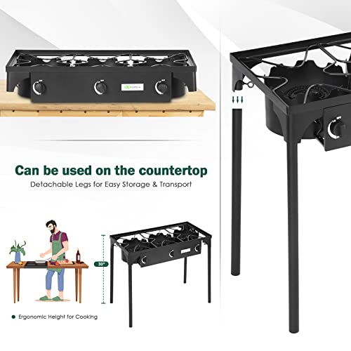 Goplus Outdoor Camping Stove, 3 Burner Propane Gas Cooker W/ Detachable Legs & 0-20 Psi Regulator & Csa Approval For Camp Paito Rv, Cast Iron, 225,000-Btu #TOP3