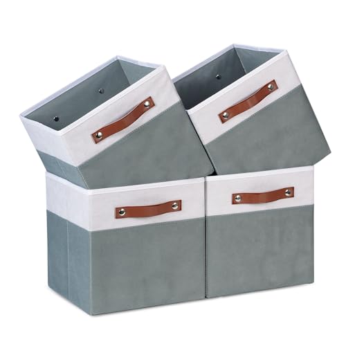 Temary 11x11 Storage Cubes Fabric Cube Storage Bins with Handles Clothes Storage Boxes Baskets for Organizing Home, Shelf, Closet (White&Grey, 11 x 11 x 11)