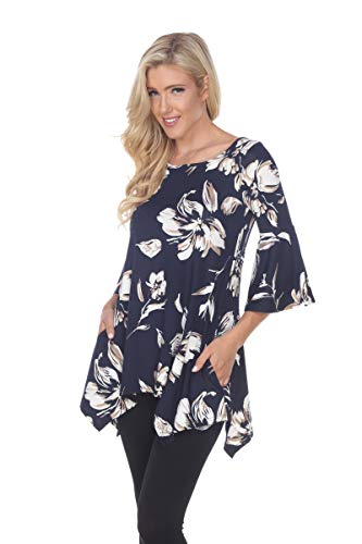 white mark Blanche Tunic Top with High Low Hemline & Printed Flower in Navy - 3X