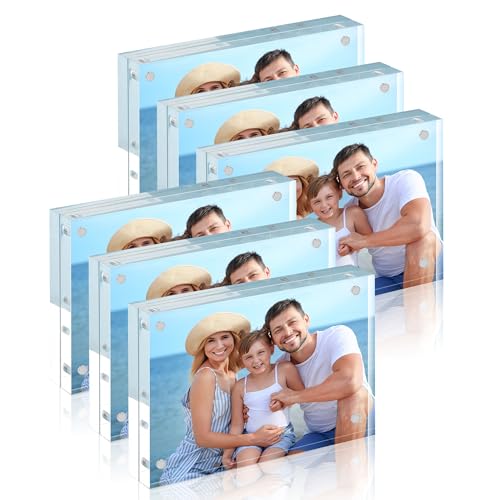 Image of HOUSE DAY Acrylic Picture Frames 4x6, 6 Pack Magnetic 4 x 6 Picture Frame, Double Sided Clear 4x6 Photo Frame with Microfiber Cloth, Frameless FreeStanding 4x6 Frame Gift for Desktop Display