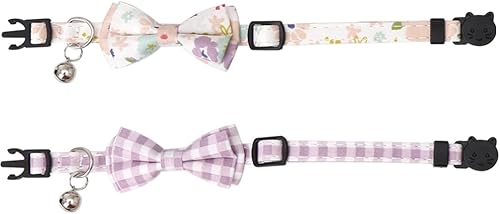 Miniatura 9 de Juego de 2 collares de gato con bonito pajarita y campana, flor a cuadros para gatito, seguridad ajustable