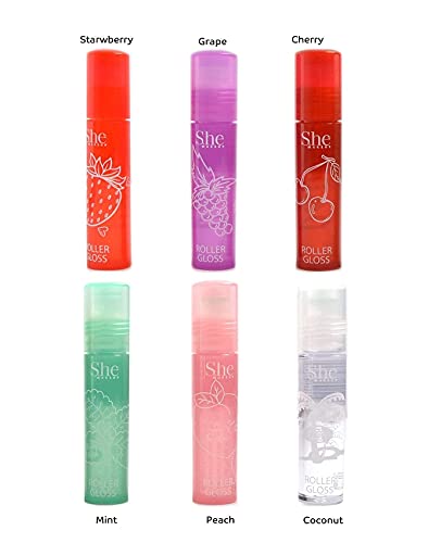 Fruity-Pop Roller Gloss By S.he Makeup; Smooth Glass Like Shine Lip Glosses, Complete Set Of All 6 Flavor Scents 0.22Oz 6.3G Clear #TOP4