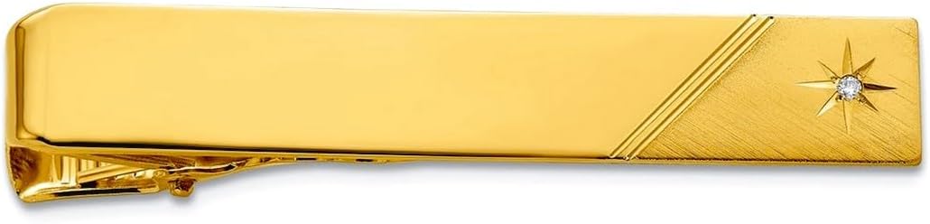 Gold Plated Solid Polished and satin Engravable (front only) .01 Ct. Diamond-Polished Florentined Tie Bar 53x8mm Wide-Tie Clip for Men