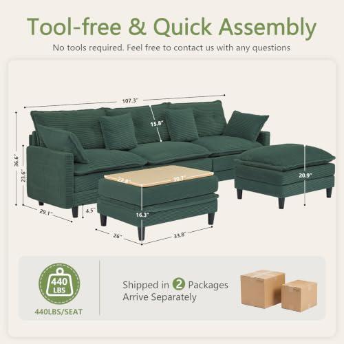 107.3'' Oversized Cloud Couch U Shaped Modular Sectional Sofa, Premier Comfy Corduroy Couch with Ottoman, Modern 3 Deep Seat Sectional Couches for Living Room, Solid Wood Frame&Spring,Tool-Free Green - Image 2